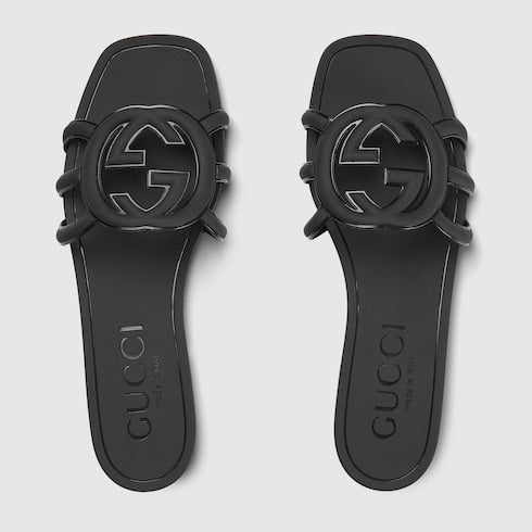 Women's slider sandal with GG crossover in black rubber