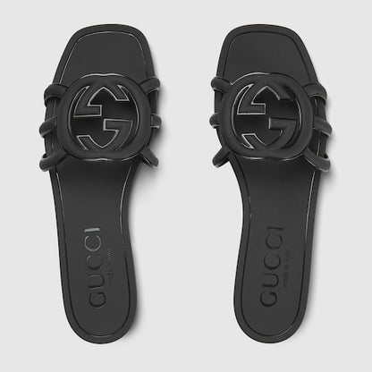 Women's slider sandal with GG crossover in black rubber