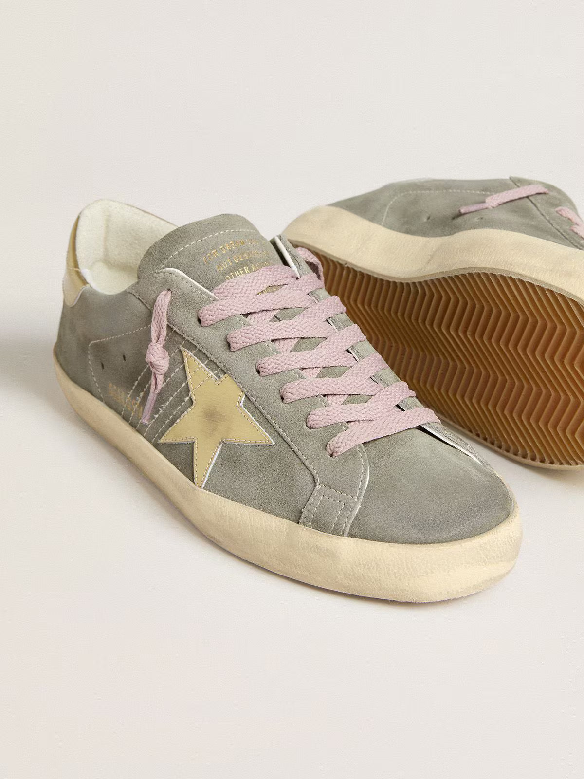 Grey suede with star and gold laminated leather heel tab