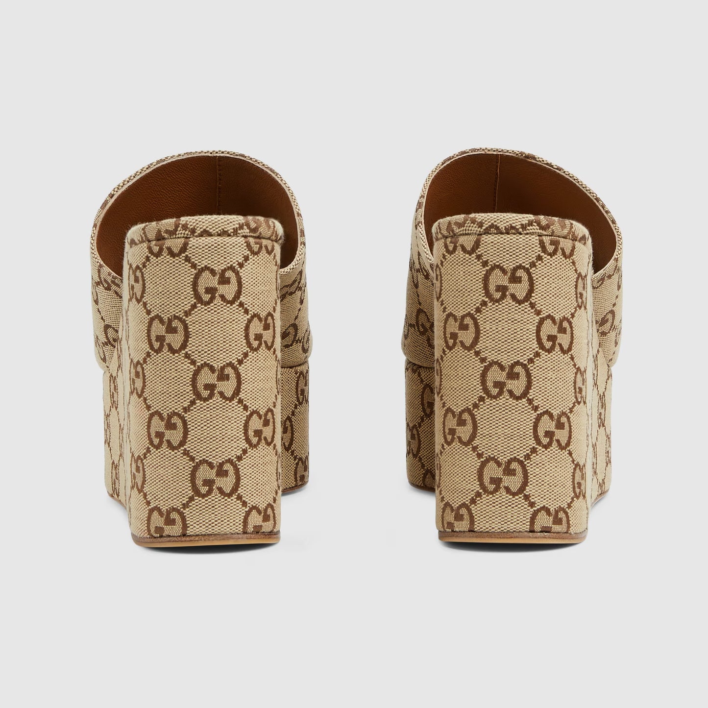 Wedge sandal with dark brown and beige GG fabric Horsebit