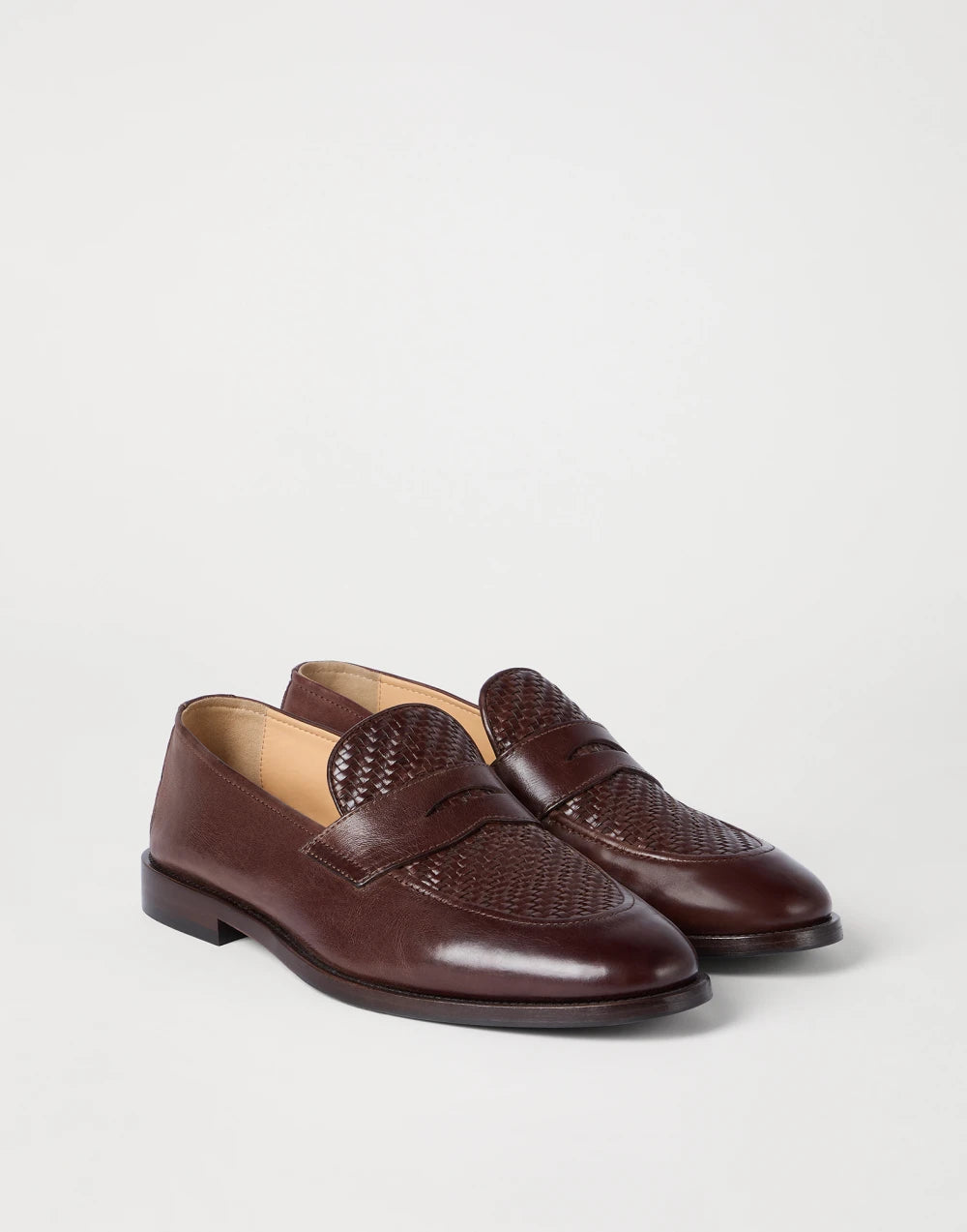 Penny Loafer in woven calfskin and dark brown polished calfskin