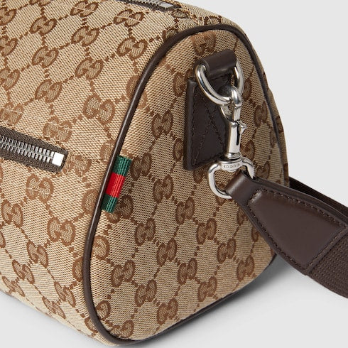 Small cylindrical bag in beige and dark brown GG fabric