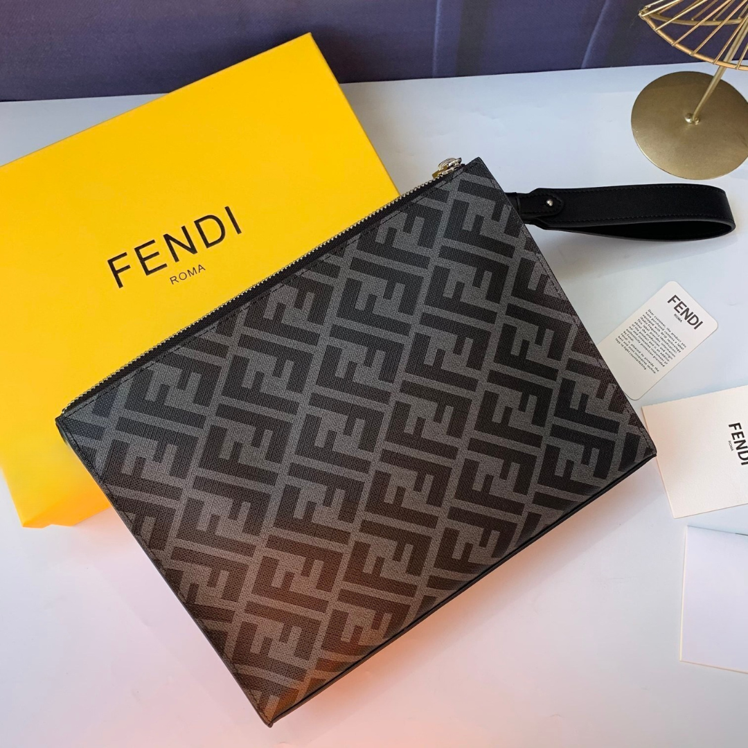 Borsa a tracolla piatta grande Nero/Giallo FF jacquard