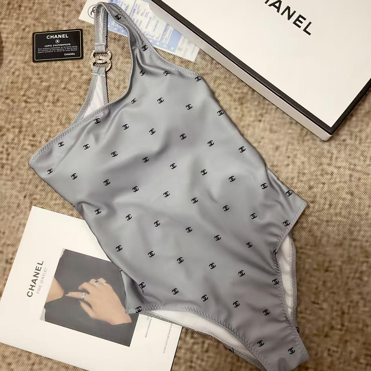Costume Intero con Logo All-over Grigio