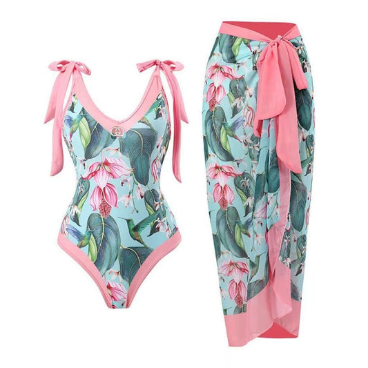 Costume Intero e Sarong Stampa Floreale Colibrì