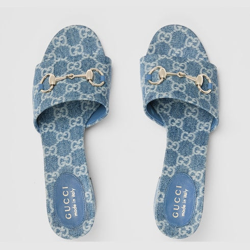 Women's blue GG denim heeled slider sandal