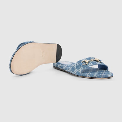 Women's slider sandal with blue GG denim Horsebit