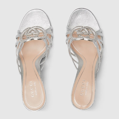 Women's silver leather GG Interlocking crystal slider sandal with heel