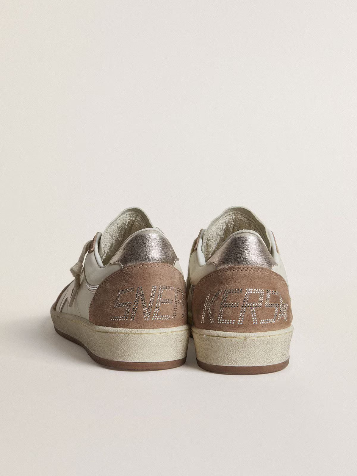 LTD in white nappa and antique rose suede with silver laminated leather star and heel tab