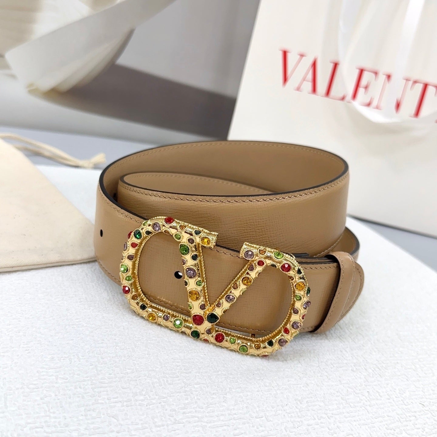 VLogo Signature reversible belt in beige, embellished with multicolored Swarovski crystals