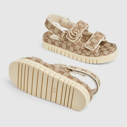 Women's sandal with Double G in beige and dark brown GG fabric