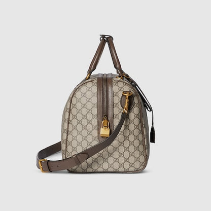 Savoy Boston bag, medium size, beige and dark brown fabric