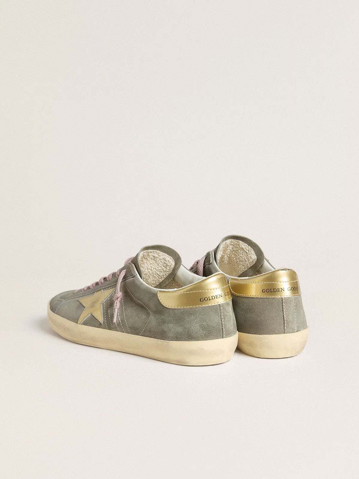 Grey suede with star and gold laminated leather heel tab