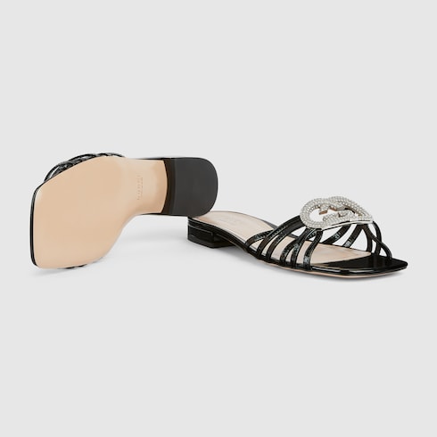 Women's slider sandal with GG criss-cross and crystals in black patent leather