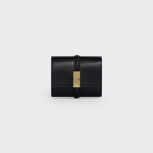 Portafoglio tri-fold piccolo 16 in pelle di vitello satinata nero