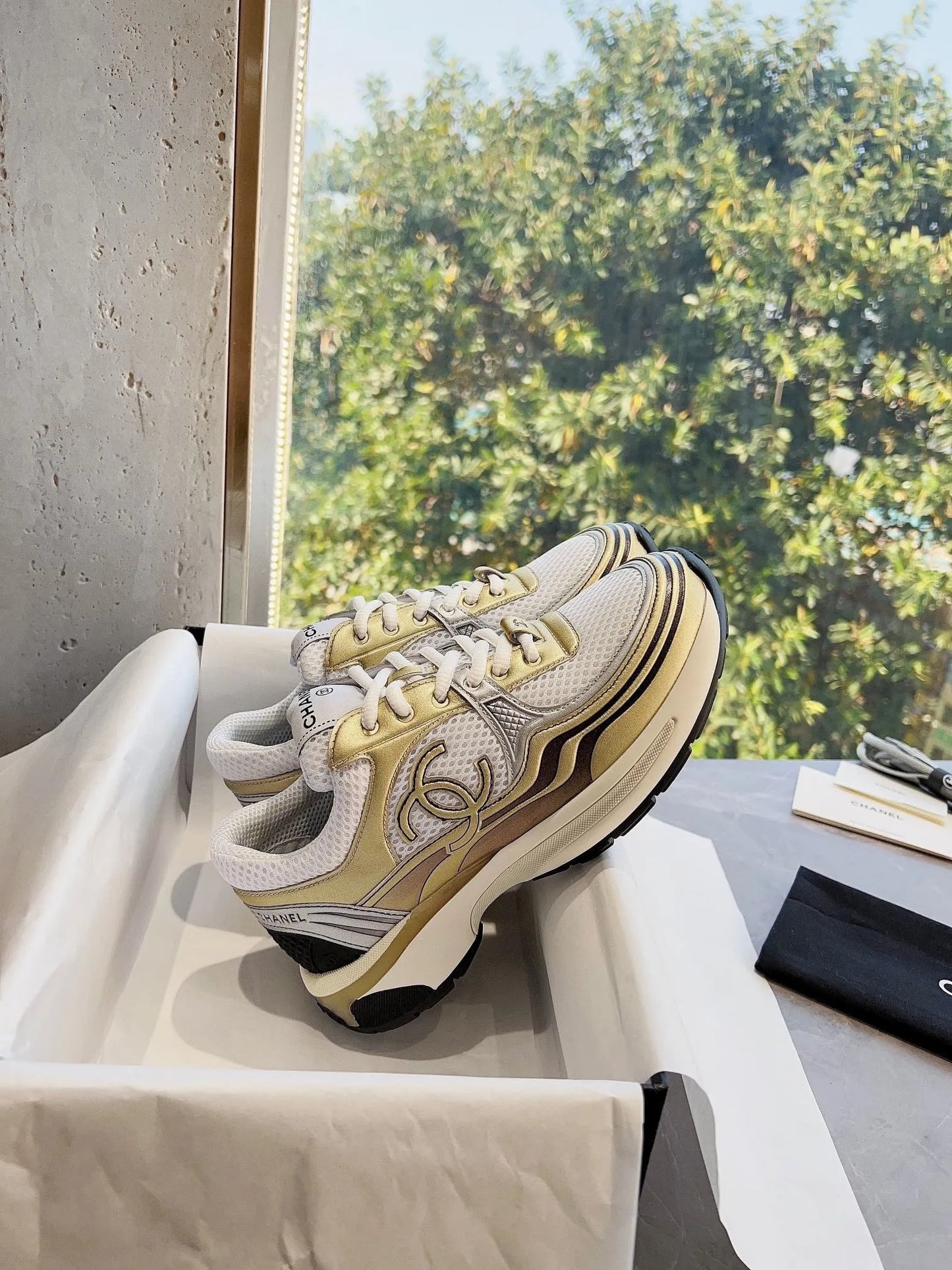 Gold/white mesh suede sneakers