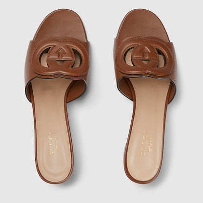 Women's slider sandal with brown leather GG criss-cross straps