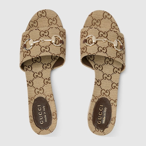 Women's slider sandal with GG camel and brown fabric clamp
