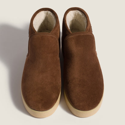 Cocoa suede and sheepskin ankle boots
