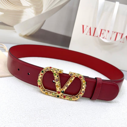 Reversible bordeaux VLogo Signature belt embellished with multicolored Swarovski crystals