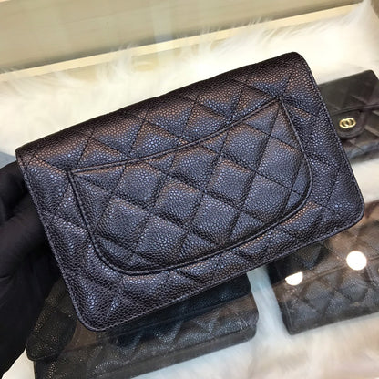 Black wallet with chain and gold logo