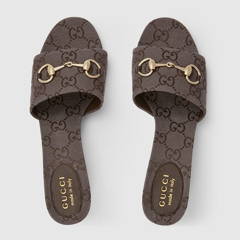 Women's slider sandal with dark brown GG fabric clamp