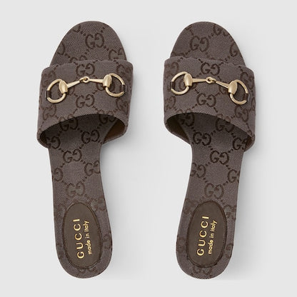 Women's slider sandal with dark brown GG fabric clamp