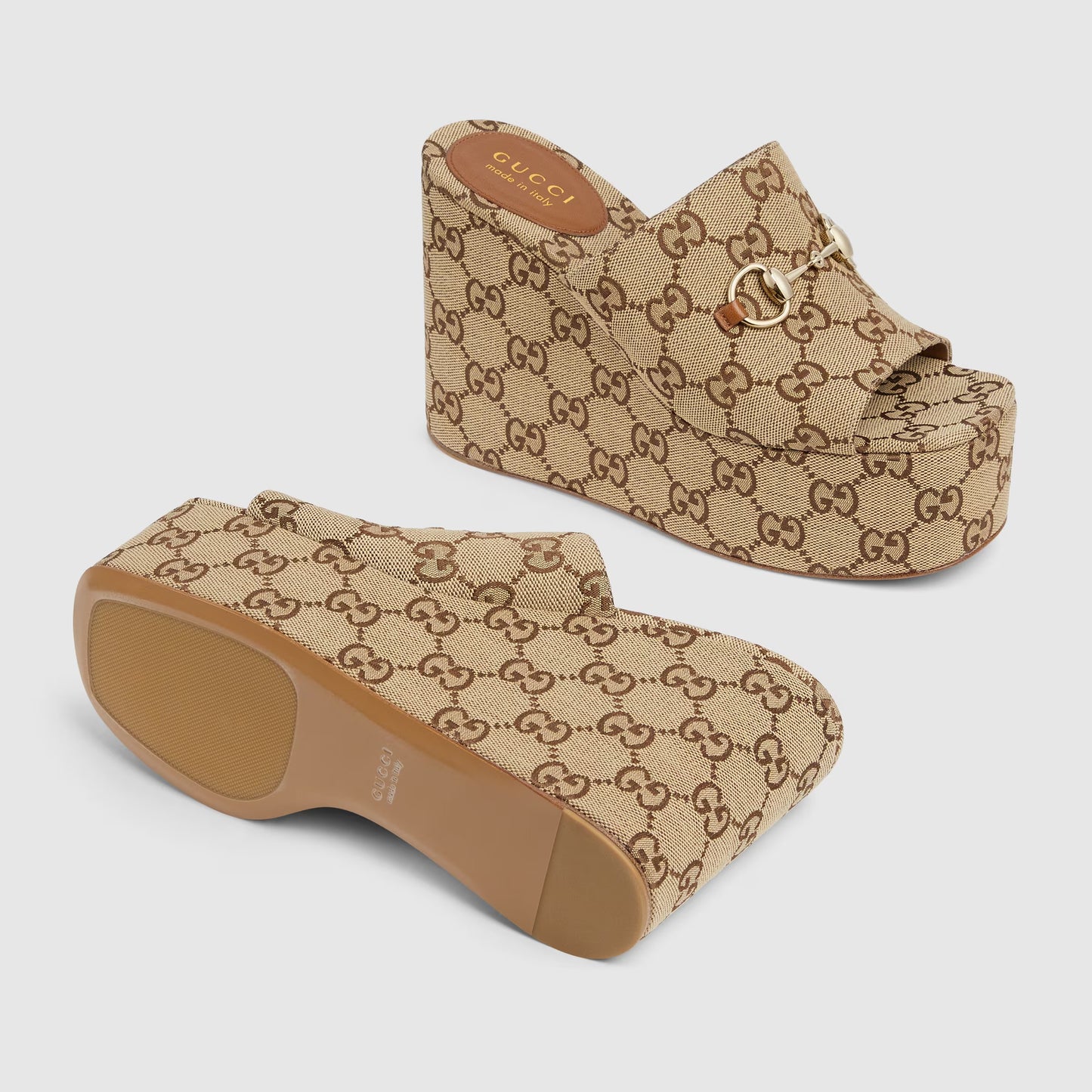 Wedge sandal with dark brown and beige GG fabric Horsebit