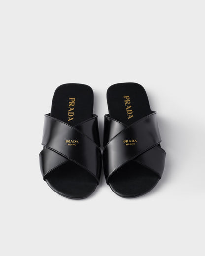 Black brushed leather slider sandals