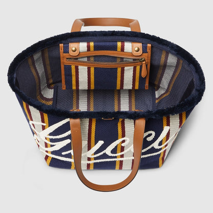 Borsa Shopping in Tessuto Ricamato Blu Scuro Misura Media