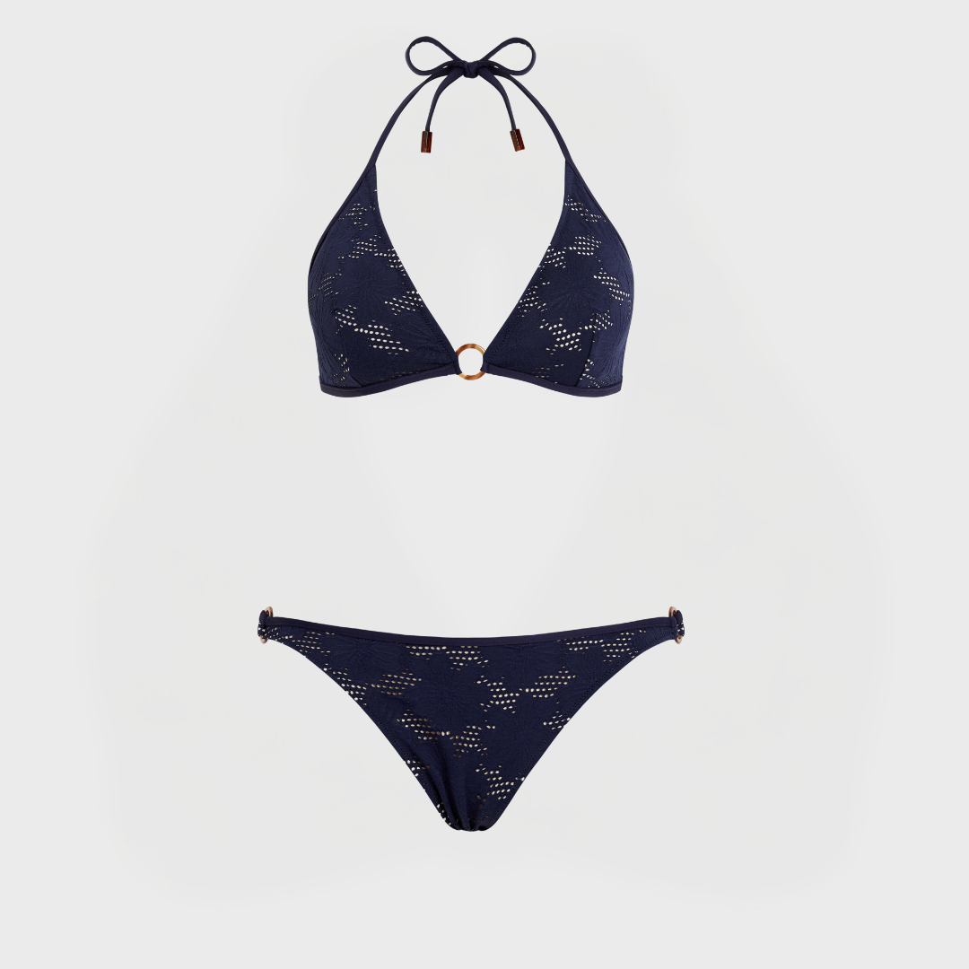 Bikini set donna a triangolo in jacquard Fleur blu marine