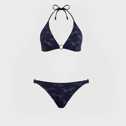 Bikini set donna a triangolo in jacquard Fleur blu marine