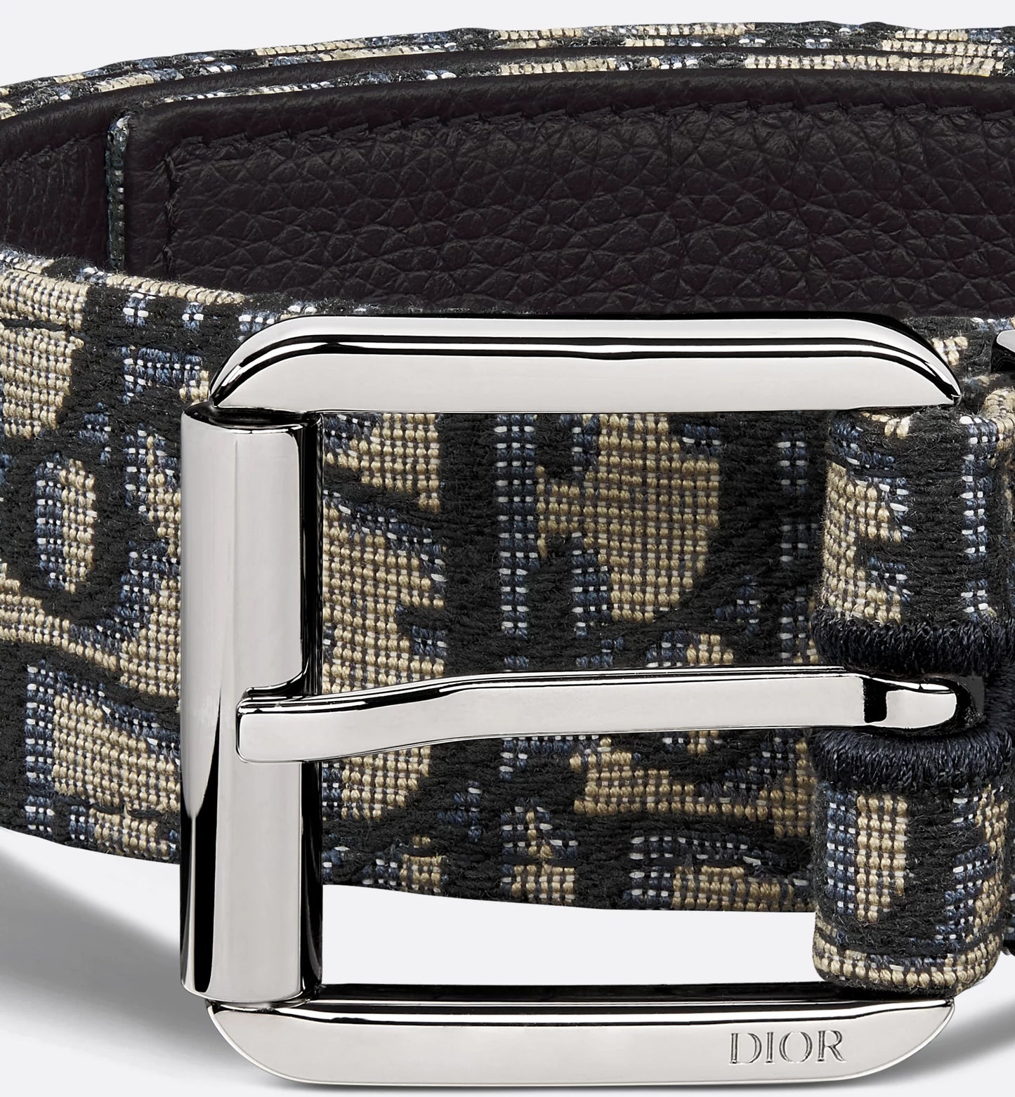 Men's Beige and Black Oblique Jacquard Belt with Black Grained Calfskin 35 mm