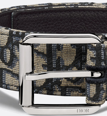 Men's Beige and Black Oblique Jacquard Belt with Black Grained Calfskin 35 mm