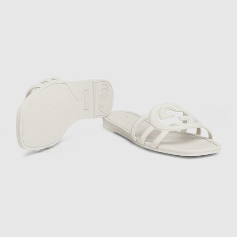 Women's slider sandal with GG Interlocking in white rubber