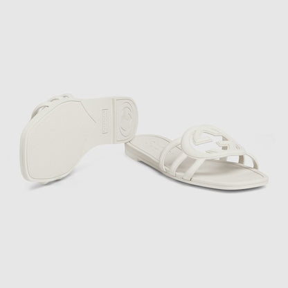 Women's slider sandal with GG Interlocking in white rubber