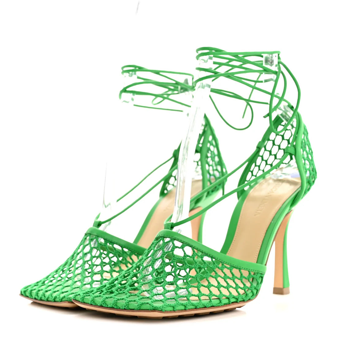 Green 90mm stretch nappa mesh sandals