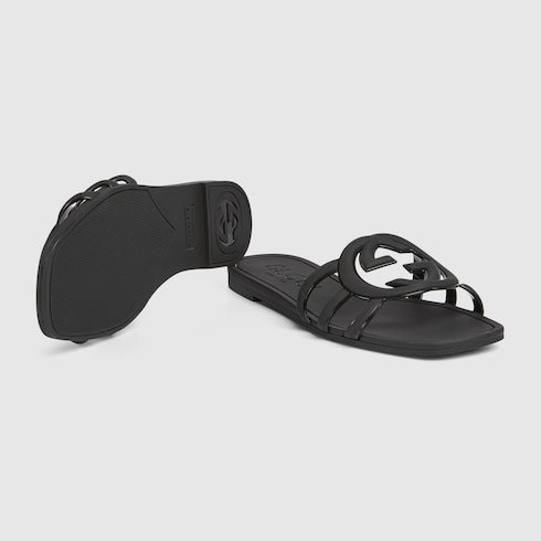 Women's slider sandal with GG crossover in black rubber