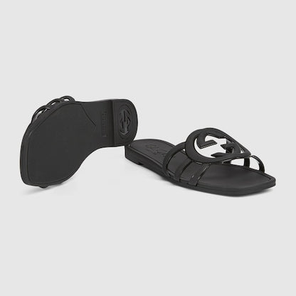Women's slider sandal with GG crossover in black rubber