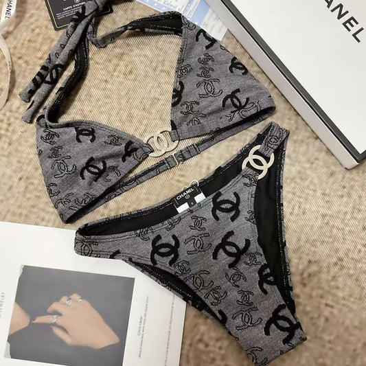 Bikini Set Monogramma Grigio Logo Oro