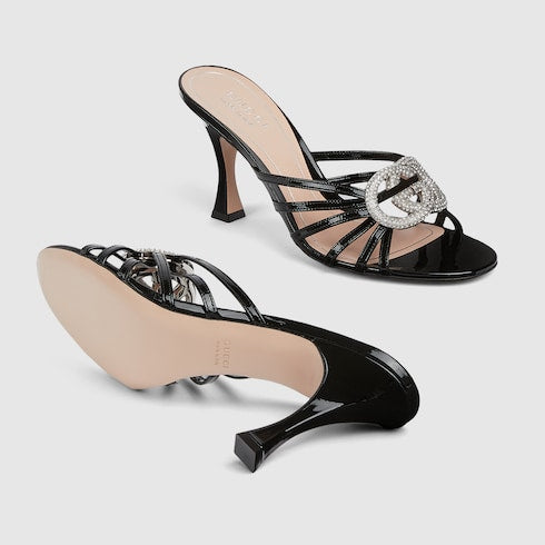 Women's silver leather GG slider sandal with crystals