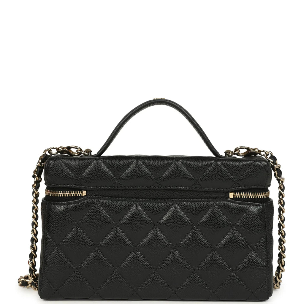Vanity Case mit Griff oben aus gestepptem schwarzem Lammleder