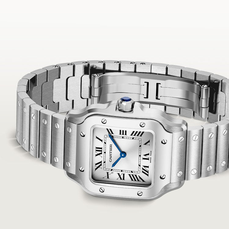 Santos watch in silver with blued steel hands
