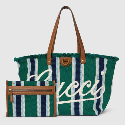 Borsa Shopping in Tessuto Ricamato Verde Misura Media