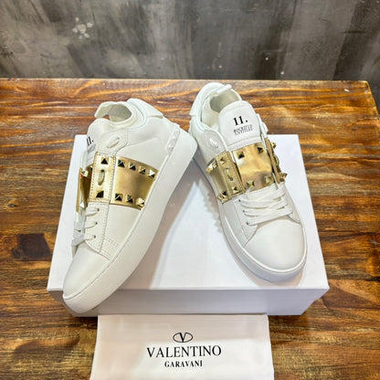 VLTN Rockstud Open Sneaker in White/Gold Leather