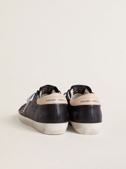 Black nappa leather with zebra-print pony skin star and beige leather heel tab