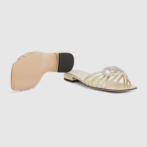 Women's slider sandal with GG criss-cross and crystals