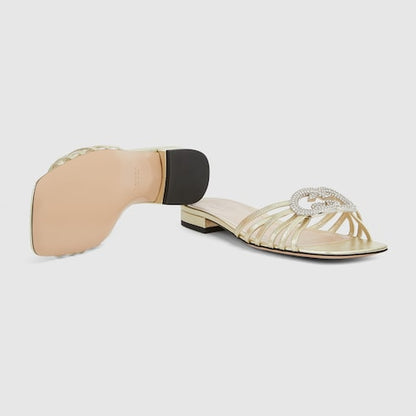 Women's slider sandal with GG criss-cross and crystals