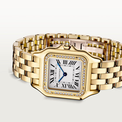 Panthère watch, medium model, yellow gold case with diamonds