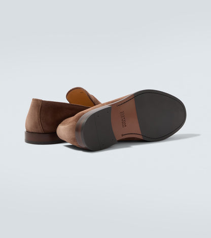 Brown suede penny loafers
